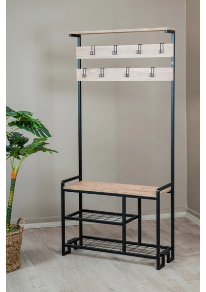 Metal Gövdeli Portmanto ve Ayakkabılık – Ahşap Raflı Çok Amaçlı Askılık Dolabı (85X35X170 Cm)