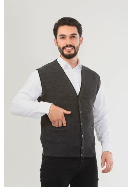 Erkek V Yaka Triko Düğmeli Cepli Çizgi Desenli Regular Fit Tüylenmeyen Örgü Yelek fiyatları