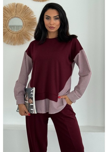 Kadın Mavi Beyaz Çizgili Modern Tasarım Uzun Kollu Gömlek Detaylı Sweatshirt Modal Takım