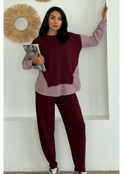 Kadın Mavi Beyaz Çizgili Modern Tasarım Uzun Kollu Gömlek Detaylı Sweatshirt Modal Takım fiyatları