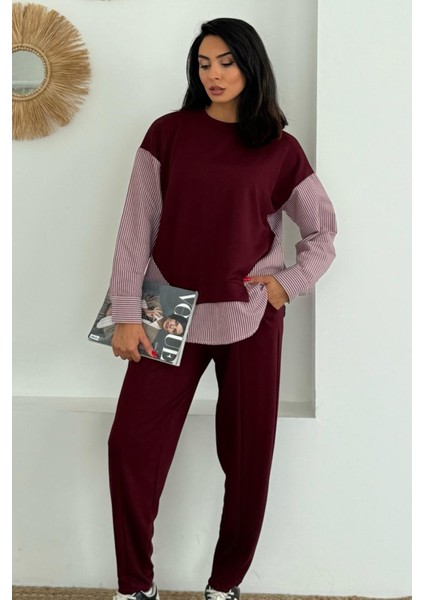 Kadın Mavi Beyaz Çizgili Modern Tasarım Uzun Kollu Gömlek Detaylı Sweatshirt Modal Takım modelleri