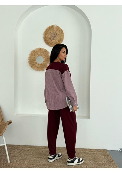 Kadın Mavi Beyaz Çizgili Modern Tasarım Uzun Kollu Gömlek Detaylı Sweatshirt Modal Takım fırsatları