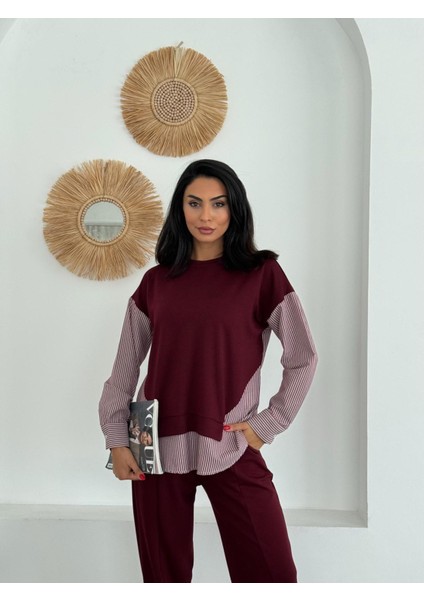 Kadın Mavi Beyaz Çizgili Modern Tasarım Uzun Kollu Gömlek Detaylı Sweatshirt Modal Takım indirimleri