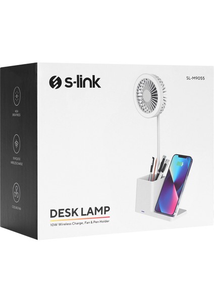 SL-M9055 Beyaz Typec 10W Kablosuz Şarj Cihazı Fanlı Kalemlikli Masa Lambası