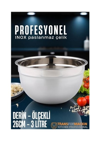 Inox Ölçekli Derin Kase - 26 cm 3 Litre Karıştırma Kabı Profesyonel 304 Paslanmaz Çelik