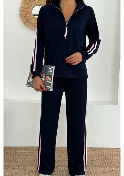 Kadın Renkli Şerit Detaylı Yarım Balıkçı Fermuarlı Yaka Uzun Kol Modal Takım