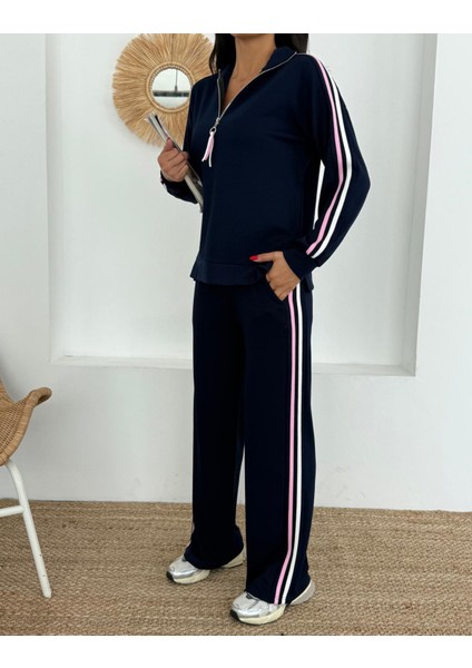 Kadın Renkli Şerit Detaylı Yarım Balıkçı Fermuarlı Yaka Uzun Kol Modal Takım fiyatları