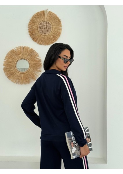 Kadın Renkli Şerit Detaylı Yarım Balıkçı Fermuarlı Yaka Uzun Kol Modal Takım fırsatları