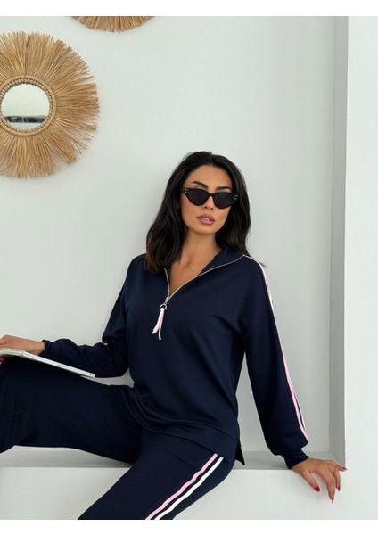 Kadın Renkli Şerit Detaylı Yarım Balıkçı Fermuarlı Yaka Uzun Kol Modal Takım indirimleri
