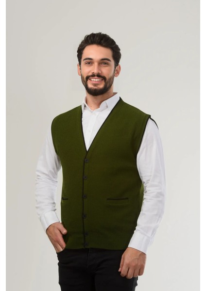 Erkek V Yaka Triko Düğmeli Cepli Çizgi Desenli Regular Fit Tüylenmeyen Örgü Yelek