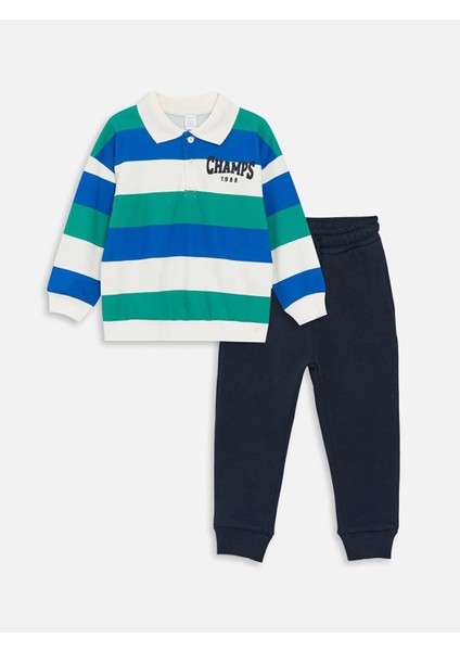 Lcw Baby Ekru Polo Yaka Uzun Kollu Baskılı Erkek Bebek Sweatshirt ve Pantolon 2'li Takım
