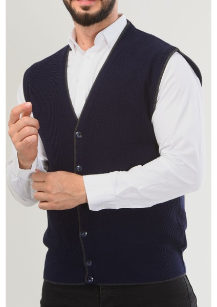 Erkek V Yaka Triko Düğmeli Cepli Çizgi Desenli Regular Fit Tüylenmeyen Örgü Yelek modelleri
