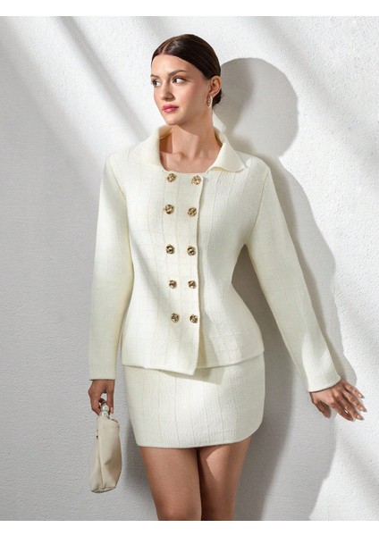 TKM0001 Kadın Çok Gold Düğmeli Ceket Mini Etek Triko Takım