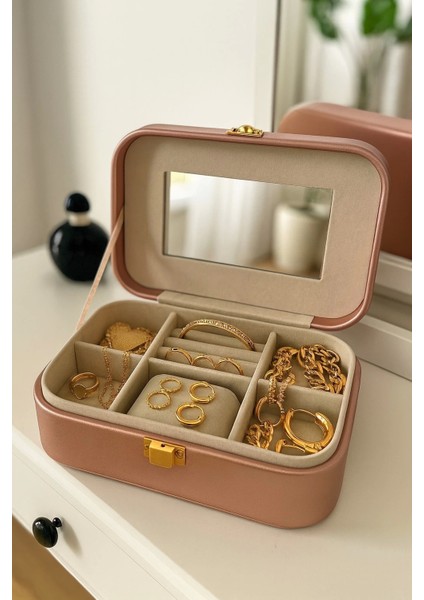Deri Seyahat Takı Bijuteri Mücevher Kutusu Organizer Düzenleyici 20CM Pembe Ithal Ürün