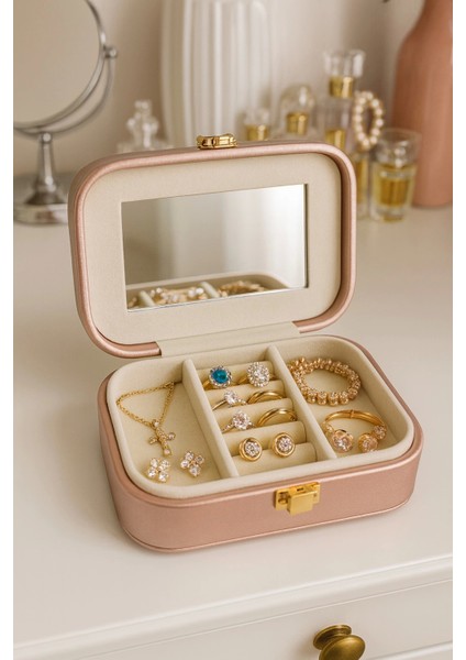 Deri Mini Seyahat Takı Bijuteri Mücevher Kutusu Organizer Düzenleyici 15CM Pembe Ithal Ürün