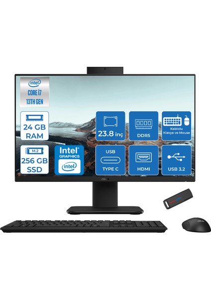 V440VAK Intel Core İ7-13620H 24GB Ddr5 256GB SSD 23.8" Fhd 100HZ 250NITS Freedos Siyah Allınone Bilgisayar BI716512B0DF06+ZETTAUSBBELLEK