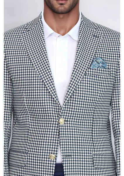 Lacivert Kazayağı Desenli Gold Renk Metal Düğmeli Slim Fit Erkek Blazer Ceket - Wessi fiyatları