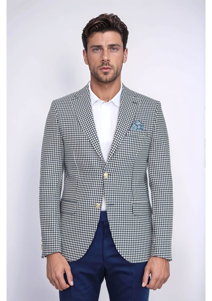 Lacivert Kazayağı Desenli Gold Renk Metal Düğmeli Slim Fit Erkek Blazer Ceket - Wessi modelleri