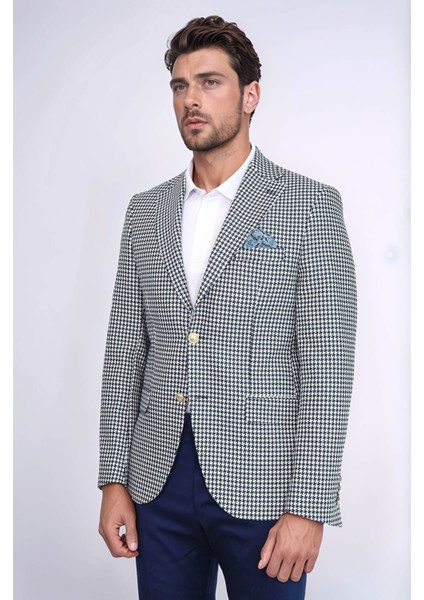 Lacivert Kazayağı Desenli Gold Renk Metal Düğmeli Slim Fit Erkek Blazer Ceket - Wessi fırsatları