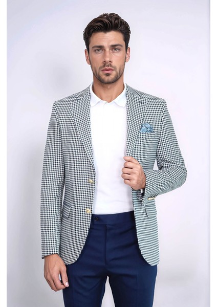 Lacivert Kazayağı Desenli Gold Renk Metal Düğmeli Slim Fit Erkek Blazer Ceket - Wessi