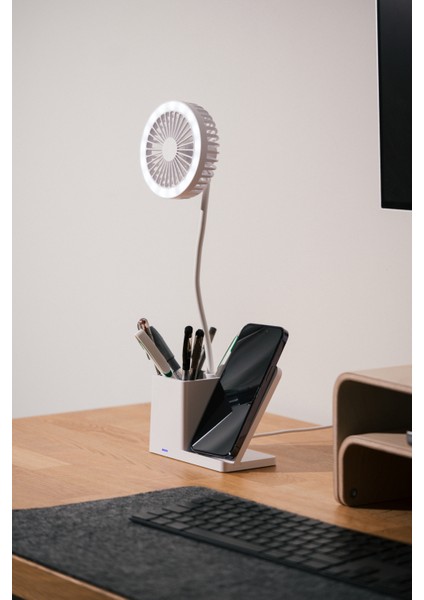 SL-M9055 Beyaz Typec 10W Kablosuz Şarj Cihazı Fanlı Kalemlikli Masa Lambası fiyatları