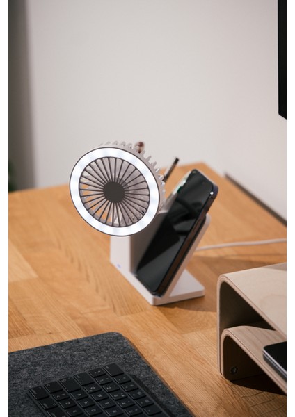 SL-M9055 Beyaz Typec 10W Kablosuz Şarj Cihazı Fanlı Kalemlikli Masa Lambası