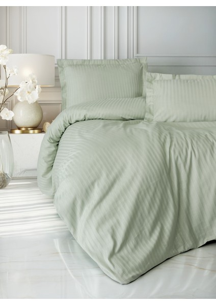 Elegant Stripe Saten Çift Kişilik Nevresim Takımı Adaçayı