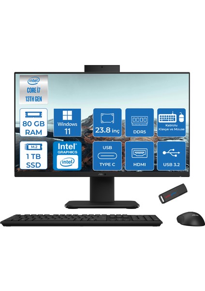V440VAK Intel Core İ7-13620H 80GB Ddr5 1tb SSD 23.8" Fhd 100HZ 250NITS WIN11HOMESIYAH Allınone Bilgisayar BI716512B0DH33+ZETTAUSBBELLEK