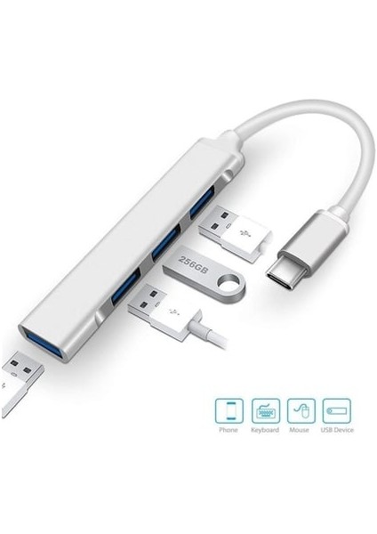Type-C To USB 3.0 4 Port Çoklayıcı Hub Aluminyum Slim Kasa fiyatları