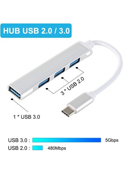Type-C To USB 3.0 4 Port Çoklayıcı Hub Aluminyum Slim Kasa modelleri