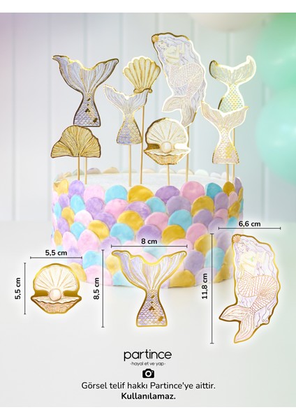 3 Parça Set Deniz Kızı Banner Asma Süs Deniz Kızı Pasta Süsü Cake Topper 6 Adet Gold Mum modelleri