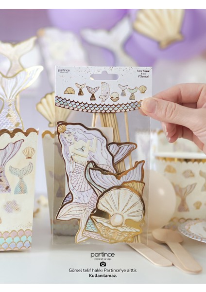 3 Parça Set Deniz Kızı Banner Asma Süs Deniz Kızı Pasta Süsü Cake Topper 6 Adet Gold Mum