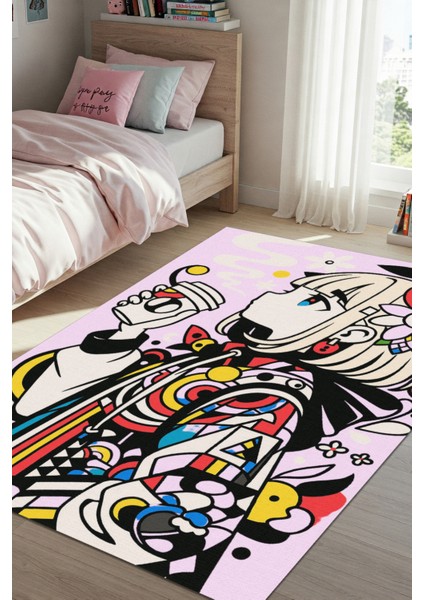Anime Figürlü Renkli Halı Dijital Baskılı Pamuk Dokuma Kaymaz Tabanlı Yıkanabilir Antialerjik Pati Dostu Genç Kız Halısı