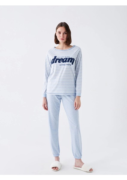 Lcw Dream Mavi Bisiklet Yaka Nakışlı Uzun Kollu Kadın Pijama Takımı modelleri