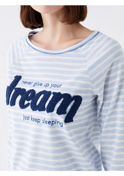 Lcw Dream Mavi Bisiklet Yaka Nakışlı Uzun Kollu Kadın Pijama Takımı fırsatları