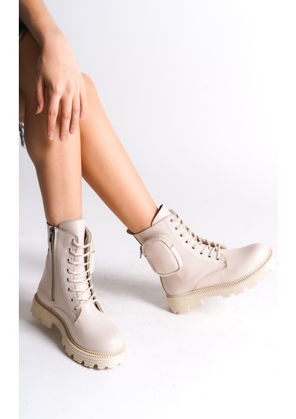 Jet-Gına Bağcıklı Fermuarlı Ortopedik Taban Çantalı Kadın Bot Ckt - Krem modelleri