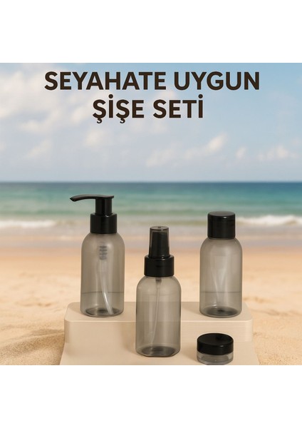 Plastik Seyahat Boy 100ML Füme Şişe ve Kavanoz 4’lü Set – Çantalı Seyahat Kiti