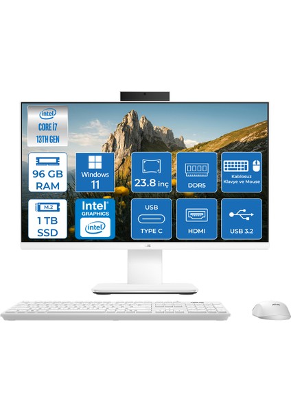 V440VAK Intel Core İ7-13620H 96GB Ddr5 1tb SSD 23.8" Fhd 100HZ 250NITS WIN11PROBEYAZ Allınone Bilgisayar BI716512W0DP38+ZETTAUSBBELLEK