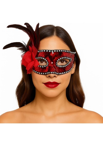 Kırmızı Renk Yandan Tüylü Güllü Gümüş Taşlı Pullu Maske 20X22 cm