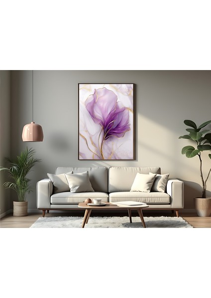 Metal Çerçeveli Gerçek Camlı Tablo , Dijital Baskı, Çiçek Temalı Mermer Desen Soyut Tablo