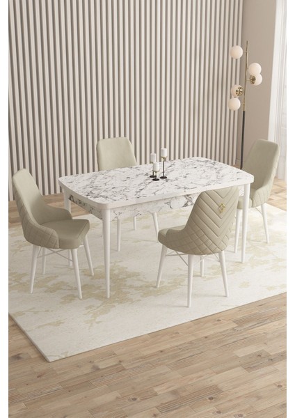 ​​​​​​mazaka Beyaz Mermer 80X132AÇILABILIR Mdf Masa Yemek Odası Takımı,mutfak Takımı 4 Adet Sandalye