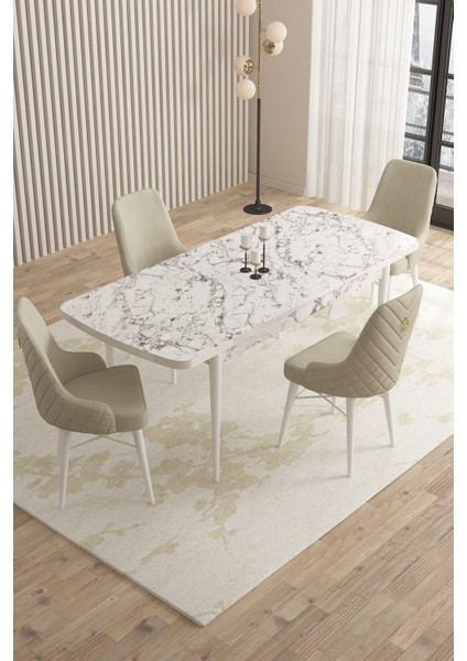 ​​​​​​mazaka Beyaz Mermer 80X132AÇILABILIR Mdf Masa Yemek Odası Takımı,mutfak Takımı 4 Adet Sandalye fiyatları