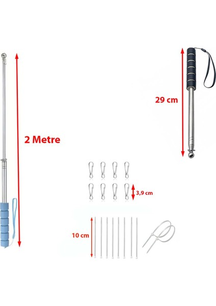 Siyah 2 Metre Uzayabilen Aksesuarlı (Kanca ve Kelepçeli) Rehber Çubuğu Teleskopik Bayrak Işaret Sunum Rehber Vb. Çubuğu (1 Adet) modelleri