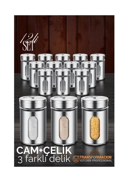 Cam+Çelik Tuzluk Biberlik Karabiberlik 3 Farklı Delikli 12 Li Set