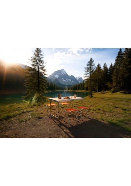 Alüminyum Katlanır Kamp Masası ve Tabure Seti – 4 Adet Tabure, 30 kg Kapasiteli MDF Masa, Taşınabilir Piknik Masası