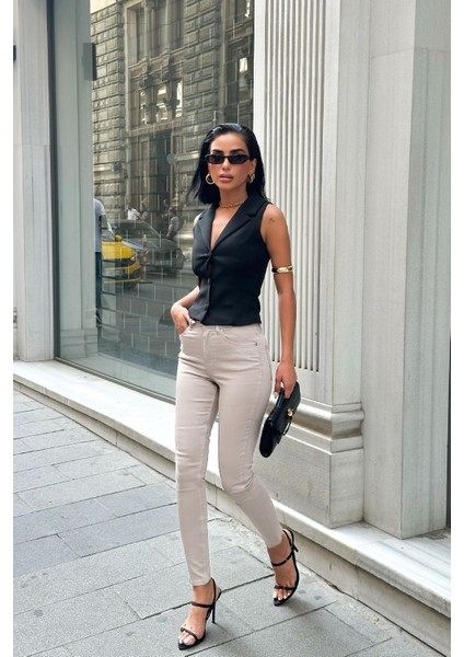 Kadın Krem Süper Skinny Fit Esnek Likralı Yüksek Bel Denim Jean Kot Pantolon JENNİE-2003