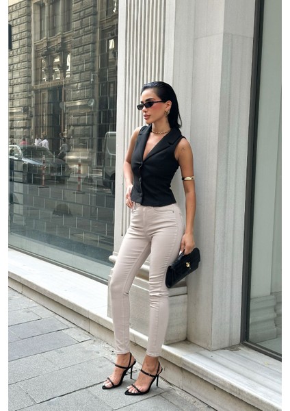 Kadın Krem Süper Skinny Fit Esnek Likralı Yüksek Bel Denim Jean Kot Pantolon JENNİE-2003 modelleri