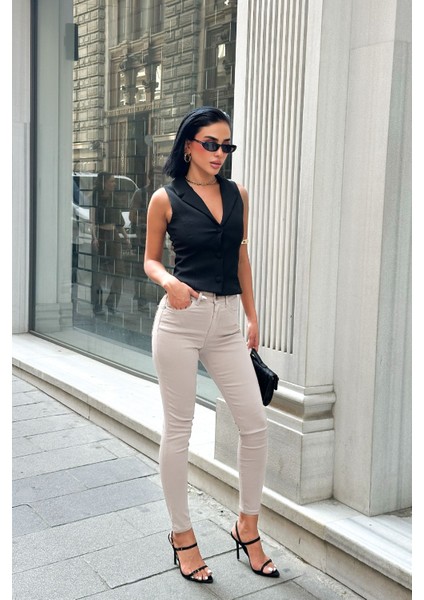 Kadın Krem Süper Skinny Fit Esnek Likralı Yüksek Bel Denim Jean Kot Pantolon JENNİE-2003 fırsatları