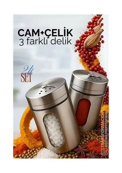 Cam+Çelik Tuzluk Biberlik Karabiberlik 3 Farklı Delikli 2 Li Set