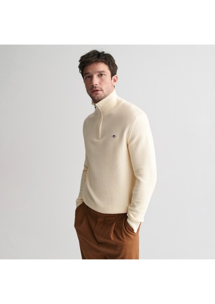 Erkek Krem Regular Fit Yarım Fermuarlı Kazak